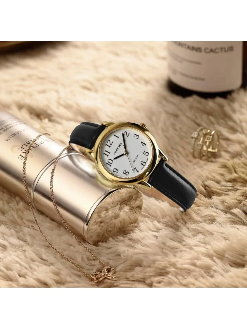 Pindows Womens Black White Elegant Quartz Analog Leather Strap Fashionable Watch